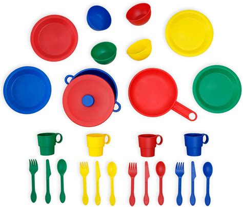 Brandclub - KidKraft 27-Piece Primary Colored Cookware Set, Plastic Dishes and Utensils for Play ...