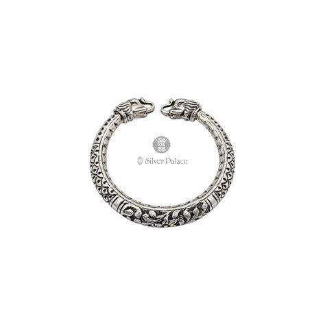 92.5 Sterling Silver Double Head Elephant With Floral Engraving Kada ...
