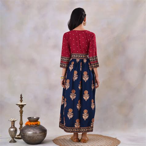Buy Blue & Maroon V Neck Alia Cut Dress with Gold Buta & Polka Prints ...