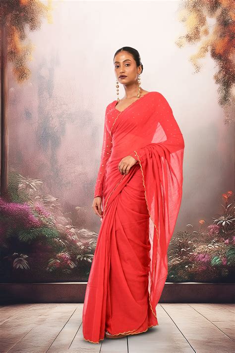 Garnet Dreams I Red Handloom Mul Cotton Saree with Golden Scalloped Bo