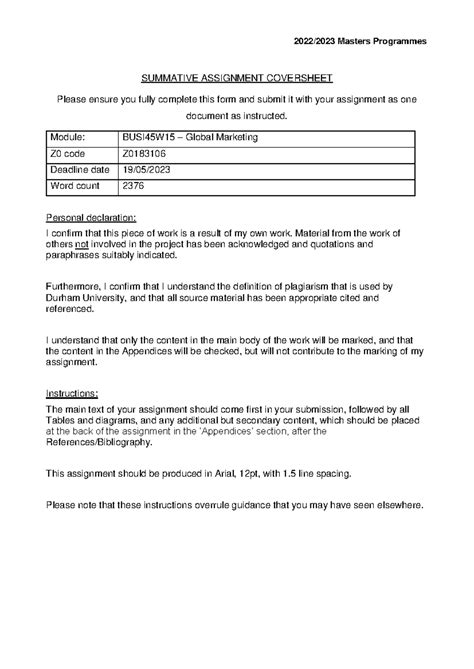 Global Marketing - SUMMATIVE ASSIGNMENT COVERSHEET Please ensure you ...