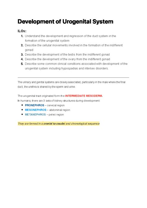 Development of Urogenital System - D eve l o p m e n t o f U ro g e n i ta l S y s te m ILOs ...