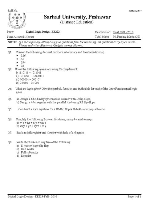DLD-1 - Including questions for assignment and final exam - Roll No ...