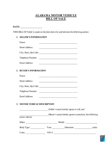 Alabama Motor Vehicle Bill of Sale - Blank Fillable Template | Fill Out ...