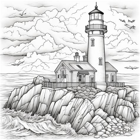 Premium Photo | A black and white drawing of a lighthouse on a rocky ...