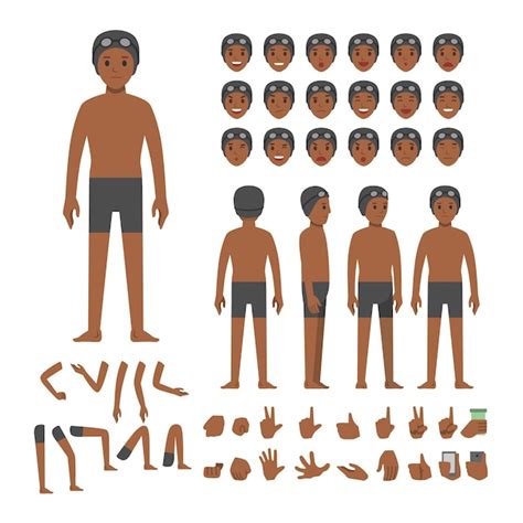 Conjunto de caracteres de menino nadador Africano | Vetor Premium