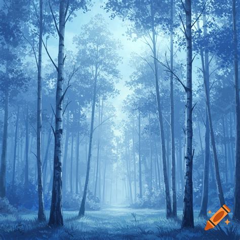 A misty blue forest with tall, slender trees and light filtering ...