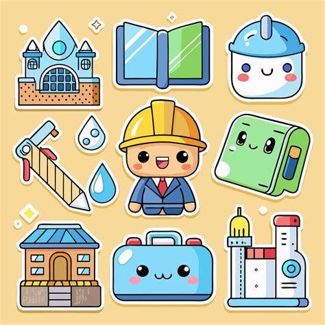 Set of cute cartoon stickers for construction and building with ...