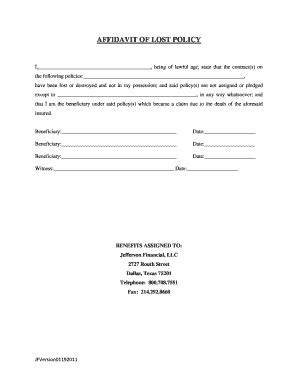 Fillable Online AFFIDAVIT OF LOST POLICY - jeffersonfin.com Fax Email ...