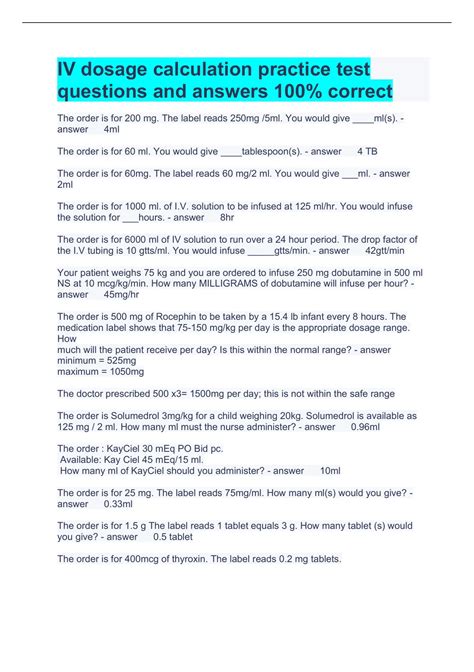 IV dosage calculation practice test questions and answers 100% correct ...