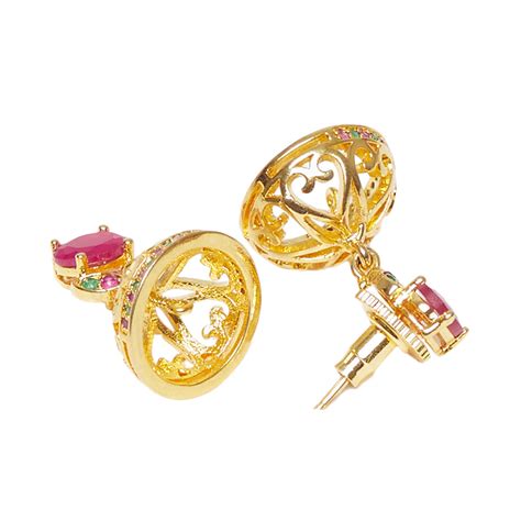 CZ Traditional Gold Plated Red & Green Jhumka Earrings – VOYLLA