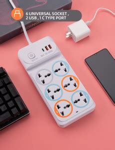XBEY 6 Power Socket, 2 USB Ports & 1 C Type Port with Surge Protection ...