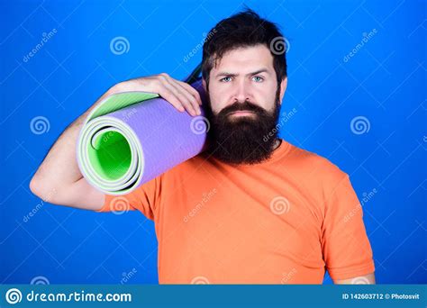Bearded Man Hipster With Fitness Mat. Sporty Man Training In Gym. Sport ...