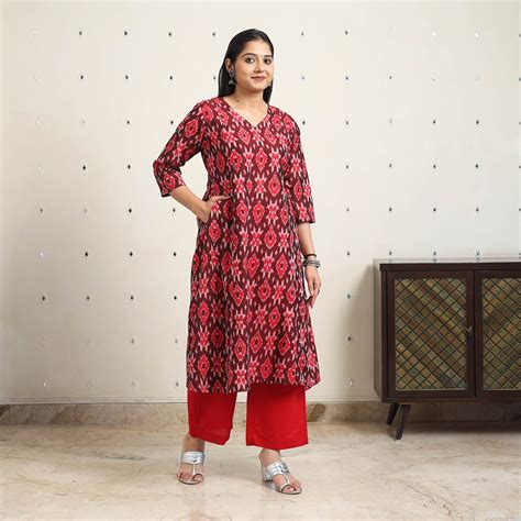 Maroon Handloom Cotton A-Line Pochampally Central Asian Ikat Kurta