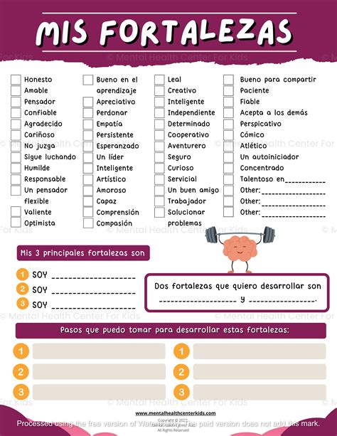 My Strengths Worksheet (Spanish Version) – Mental Health Center Kids