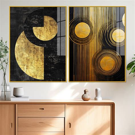 Abstract Golden Textured Line Art Acrylic Floating Wall Painting Set o ...