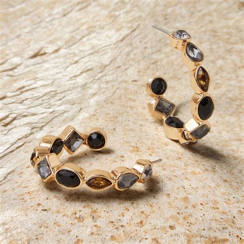 Black Eclectic Stone Hoop Earrings - Accessorize India