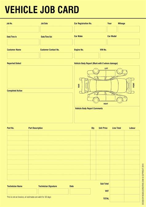 Vehicle Service Repair Job Work Card Record Sheet for Car Service Centres (50) | Mechanic jobs ...