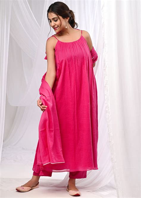 Gorgeous Mulmul Rani Pink Halter Neck Anarkali Suit Sets for Women