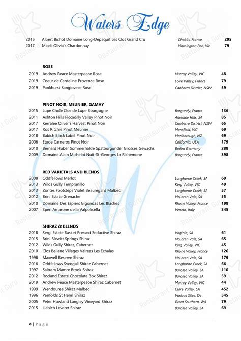 Menu at Water's Edge Restaurant, Parkes