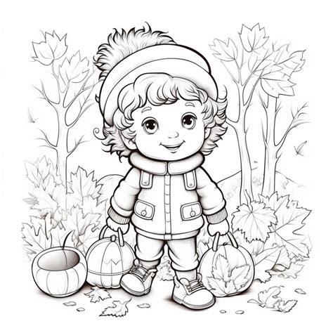 A little boy in a hat and coat holding a basket of leaves generative ai ...
