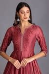 Buy Maroon Chanderi Silk Embroidery Thread And Pearl Notched Anarkali ...