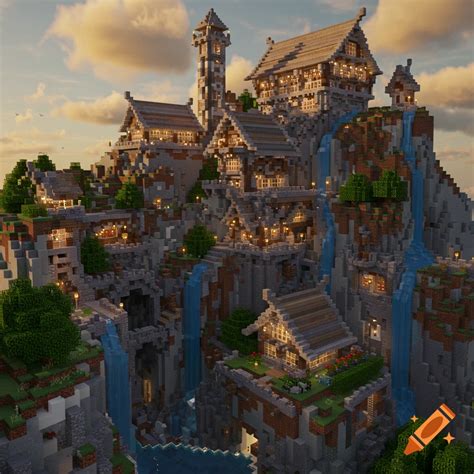A pixelated Minecraft-style mountain base with numerous houses ...