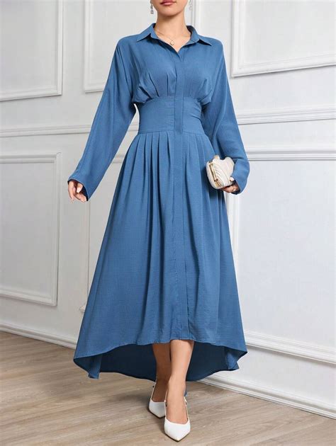 Modelyn Women's Long Dress With Asymmetrical Hem, Collared Waist ...