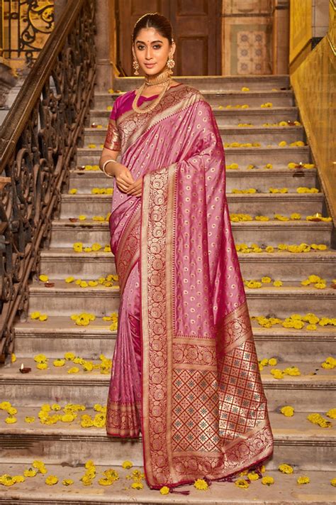 Buy Contessa Pink Zari Woven Banarasi Saree Online - MySilkLove