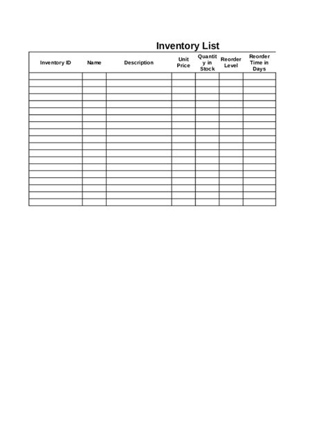 Inventory List Spreadsheet - Blank Fillable Template | Fill Out, Print ...