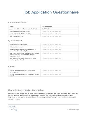 BMS . Job Application Questionnaire Doc Template | pdfFiller