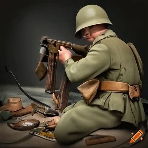 World war ii soldier cleaning his machine gun on Craiyon