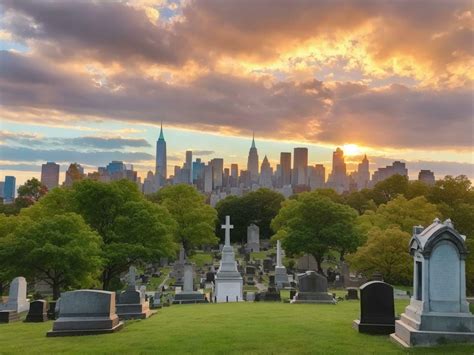View of the green wood cemetery in Brooklyn with Manhattan City skyline ...