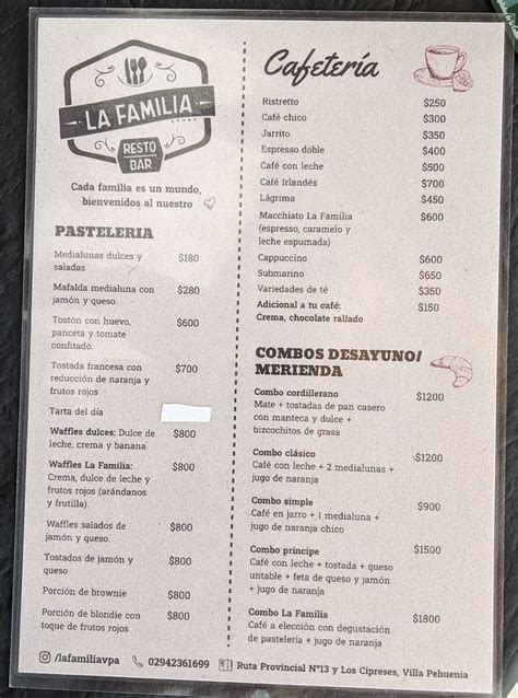 Menu at La Familia restaurant, Villa Pehuenia