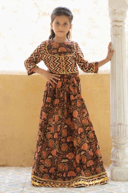 Buy Brown Indian Cotton Print Wildbloom Nargis Lehenga With Blouse For ...