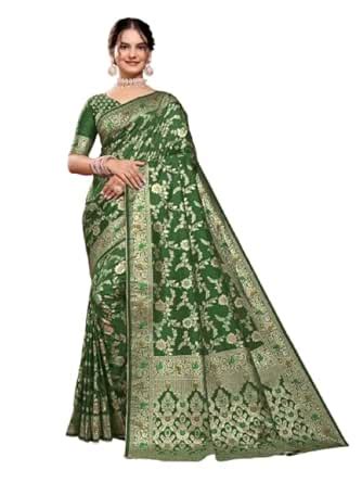 Buy AAGIRI Pure Dola Silk Banarasi Saree with Rose Motifs, Nylon Zari ...