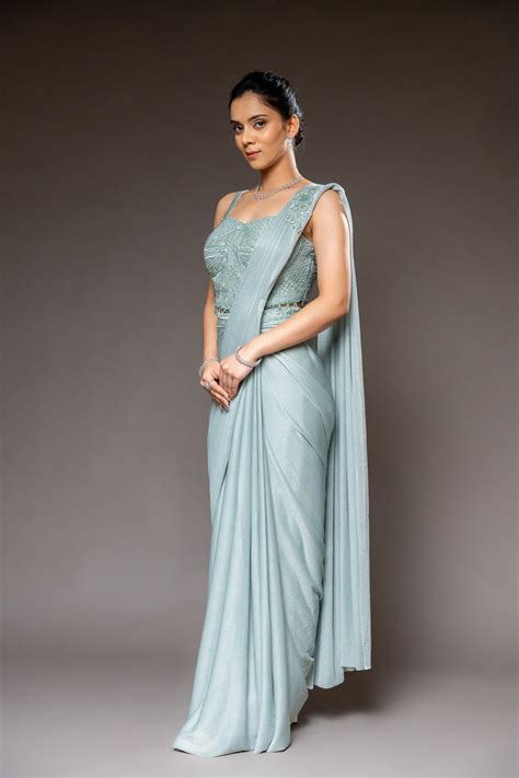 Pista Cutdana, Bead & Sequence Lycra Pre-Draped Designer Saree With Re ...