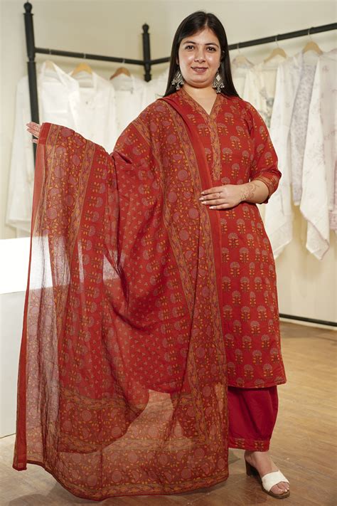 Saffron Red Block Printed Cotton Afghani Suit - Apella