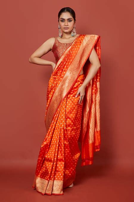 Buy Orange Silk, Brocade Embroidery Floral Butta Woven Saree With ...