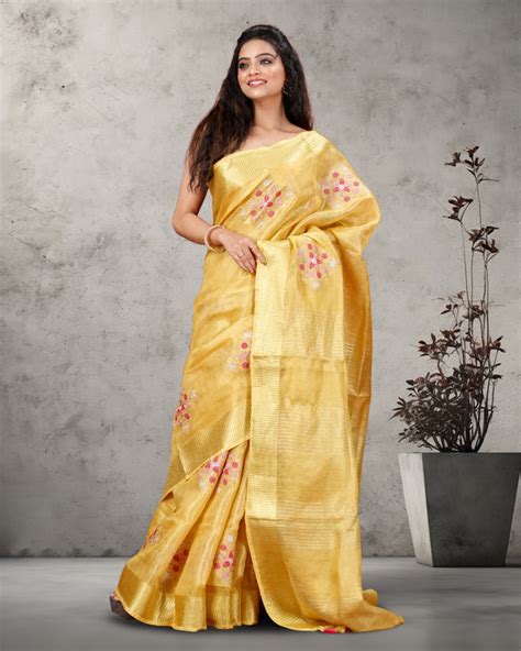 Indiehaat | Tissue Linen Embroidered Yellow Saree – Indiehaat.com