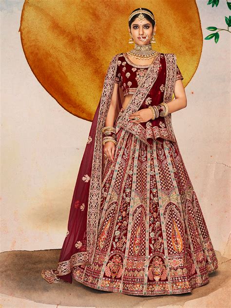 Maroon Velvet Semi Stitched Lehenga With Unstitched Blouse
