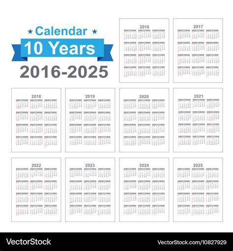 2016-2025 Calendar - Black Text Royalty Free Vector Image