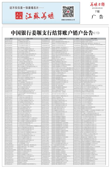 中国银行姜堰支行结算账户销户公告（三）--姜堰日报