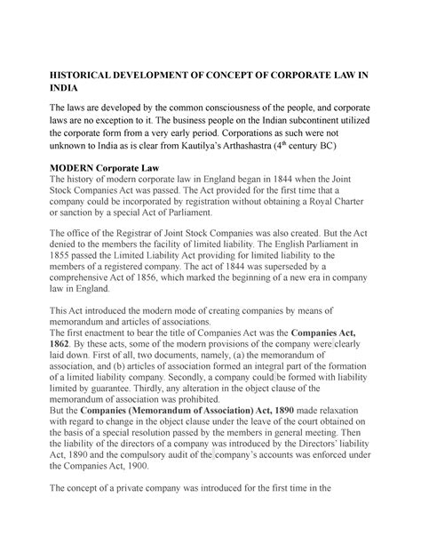 Historical Development OF Concept OF Corporate LAW IN India ...