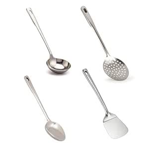 Buy Stainless Steel Spatula + Skimmer + Ladle + Spoon Combo | Heavy ...