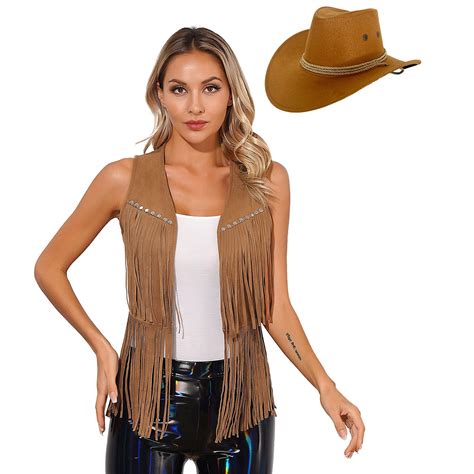 Alvivi Women Fringe Waistcoat Vest with Cowboy Hat Western Cowgirl ...