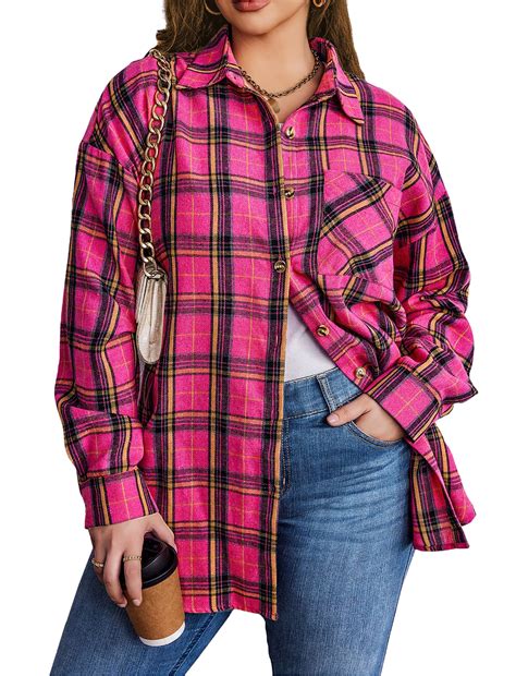 Fantaslook Plus Size Flannel Plaid Shirts for Women Long Sleeve Button ...