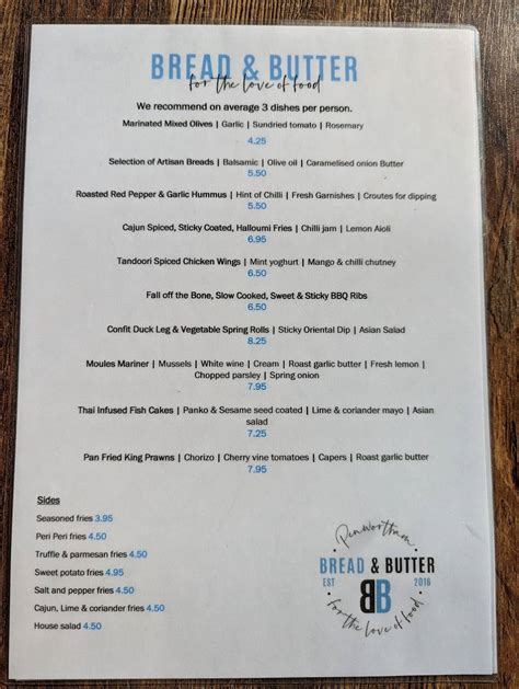Menu at Bread & Butter restaurant, Preston