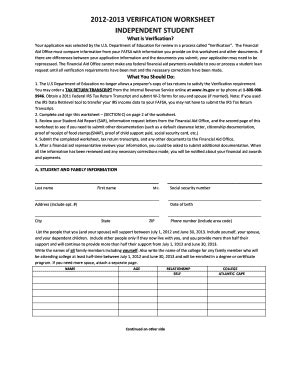 Fillable Online atlantic 2012-2013 VERIFICATION WORKSHEET INDEPENDENT ...