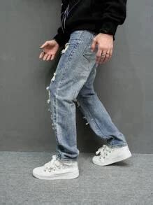 Manfinity EMRG Men Cotton Ripped Straight Leg Jeans Baggy Long Frayed ...